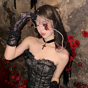 【蜜桃茶】血泣新娘 哥特风珍珠玫瑰花黑色头纱万圣节cos拍照装扮