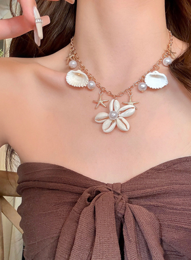 佩里安夏日贝壳花朵珍珠项链