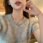 轻奢小众毛衣链颈链配饰 高级感灰色珍珠项链女款 蜜桃茶 自留
