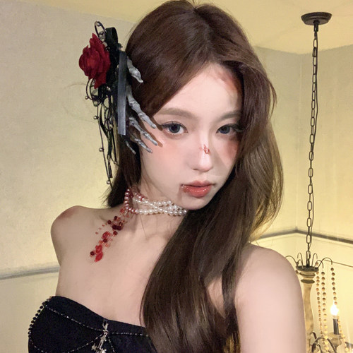 恶女游戏万圣节玫瑰花骷髅爪发夹