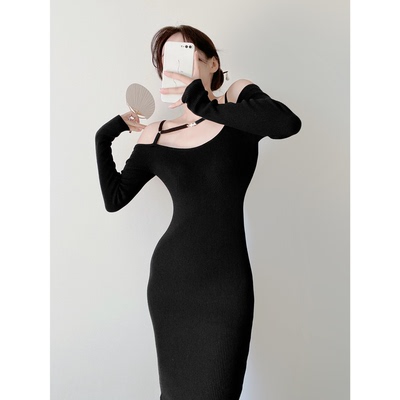 纯欲风一步裙针织纯色细肩带