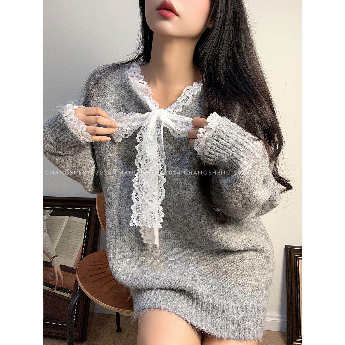 长笙间 甜系韩风慵懒风灰色蕾丝拼接飘带长袖马海毛针织套头毛衣