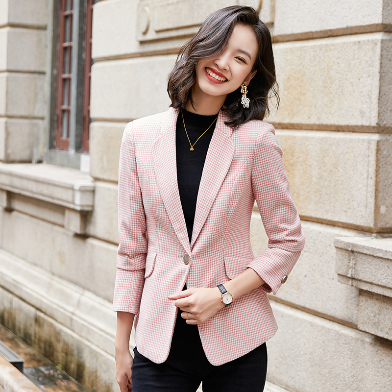 粉色格子西装外套女春秋冬季休闲风长袖百搭短款通勤西服外搭8958