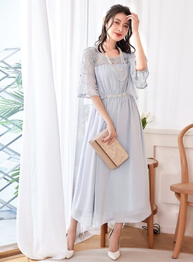 新款韩版雪纺连衣裙子女夏季拼接蕾丝高腰长裙子长款小礼服88536