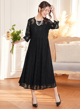 优雅圆领蕾丝连衣裙子女士七分袖中长裙中长款小礼服裙洋装88572