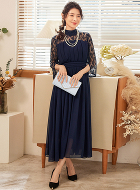 夏季立领蕾丝连衣裙女士时尚雪纺长裙子春秋日常可穿小礼服88588