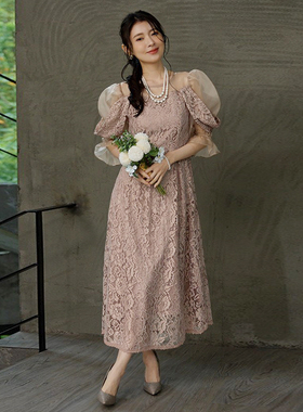 圆领拼接蕾丝连衣裙女士2026年夏季A字裙长裙子长款小礼服裙88808