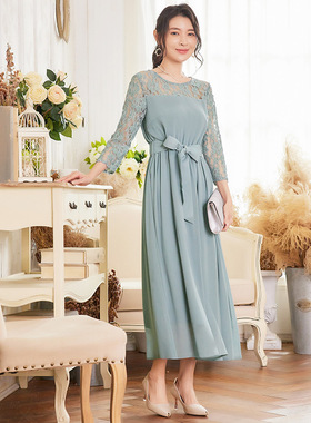 气质雪纺连衣裙子女士拼接长裙通勤高腰蕾丝平时可穿小礼服88529