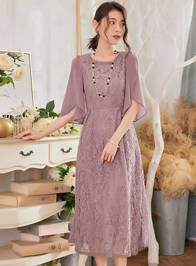 新款夏季拼接蕾丝连衣裙女士高腰雪纺长裙子婚礼宴会小礼服88530