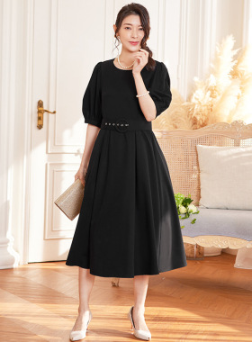 连衣裙夏季女黑色短袖新款纯色腰带A字裙 子大摆春秋天高腰88539
