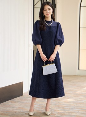 新款拼接连衣裙子女士秋季修身立领长裙子夏季中长款A字裙子88696