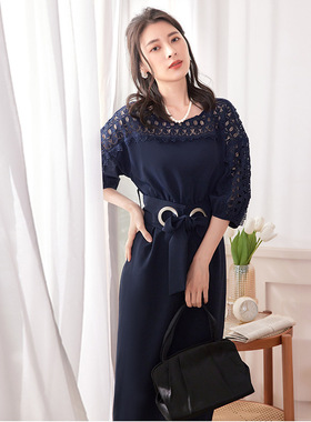 新款韩版气质连衣裙子女夏天圆领高腰拼接蕾丝小礼服春秋季88525