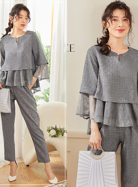 时尚两件套套装裤子新款OL范气质淑女通勤拼接蕾丝上衣长裤88586