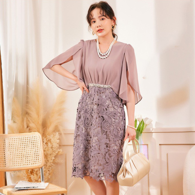 新款蕾丝v领连衣裙拼接钉珠套头通勤高腰裙子女士日常小礼服88262