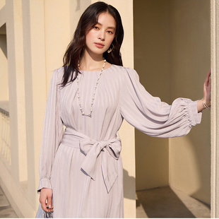 2025新款开春季长袖连衣裙子女款漂亮独特圆领中长款长裙子88651