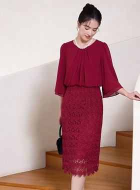 名媛蕾丝连衣裙子韩版女士夏季显瘦雪纺长裙子收腰小礼服裙88538