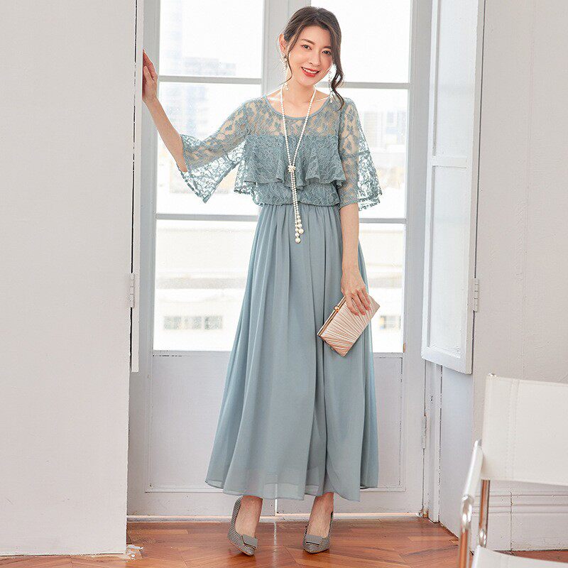 蕾丝拼接雪纺连衣裙修身显瘦长裙子女士年会宴会礼服裙长款88582