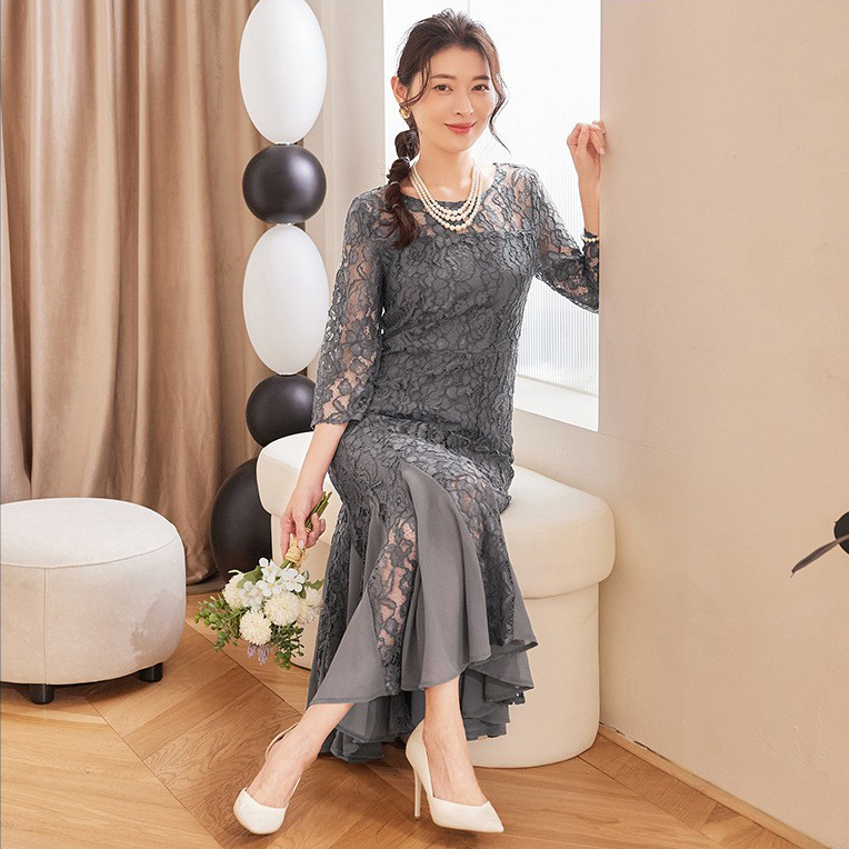 新款修身显瘦长裙子女气质蕾丝中袖圆领长款鱼尾拼接连衣裙88616