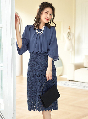 高腰蕾丝连衣裙女显瘦中长裙子雪纺拼接婚宴日常可穿小礼服88538