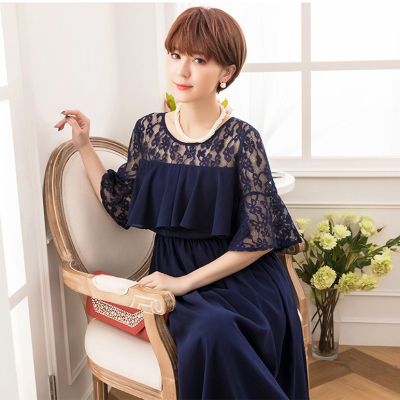 夏季蕾丝拼接雪纺长款晚礼服