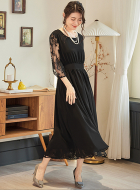 黑色连衣裙2024年新款雪纺蕾丝拼接修身长裙子女夏季小礼服88609
