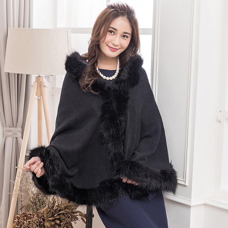 针织拼接大披肩披风女士保暖仿皮草大斗篷式秋冬季旗袍外搭88159