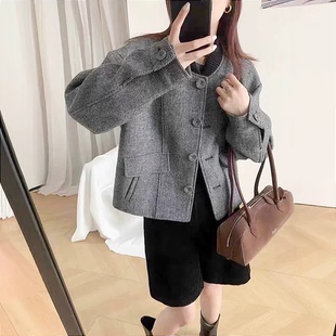 意法货 高级感混纺毛呢外套女短款圆领春秋季新款宽松百搭上衣女