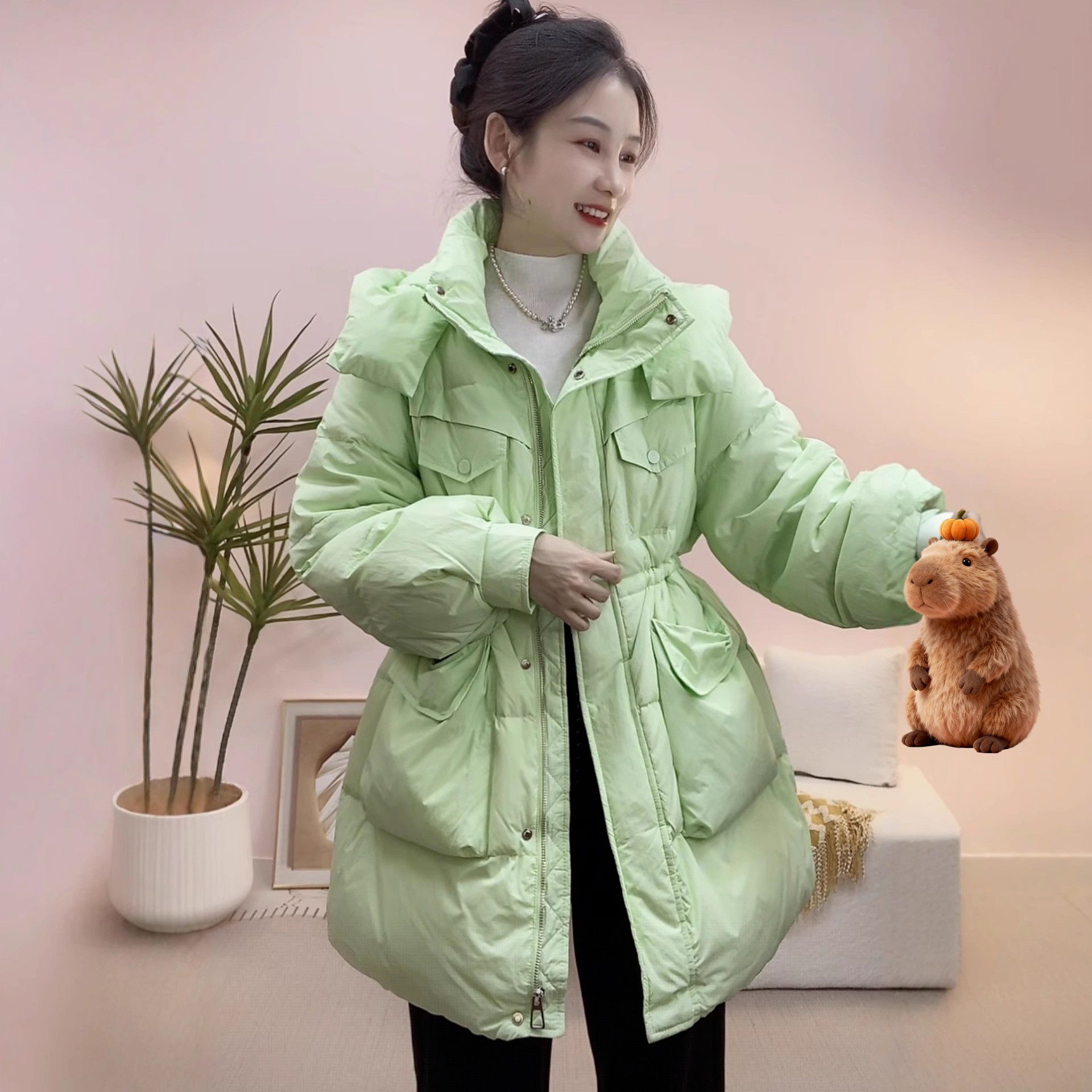 来此购 女士2025年冬季新品时尚连帽纯色抽绳收腰洋气简约中长款