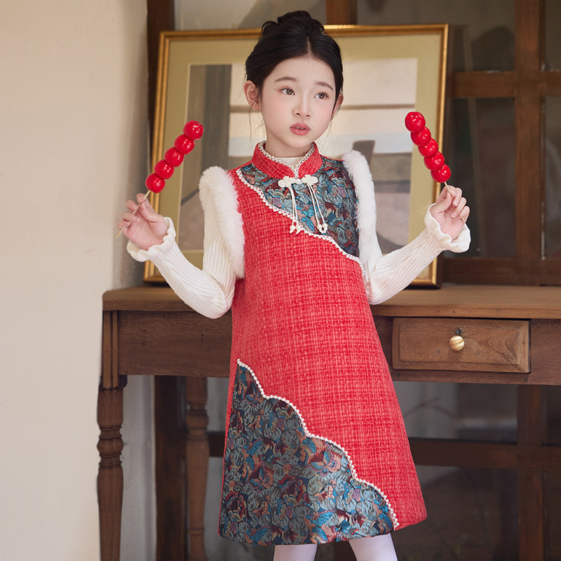 女童套装秋冬季唐装旗袍背心裙小套装