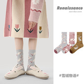 Renaissance加厚保暖珊瑚绒袜子女中筒袜秋冬澳绒卡通家居地板袜