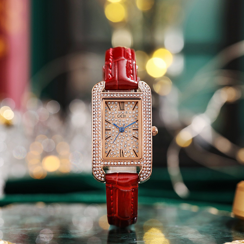 歌迪正品女士时尚小方盘满钻小众皮带网红满天星石英防水手表