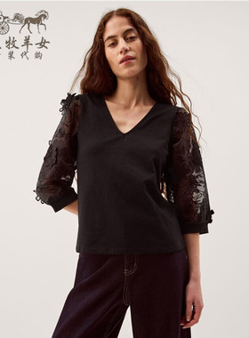 英国Monsoon代购 女装26春夏新款 黑色绣花 短袖V领 T恤衬衫上衣
