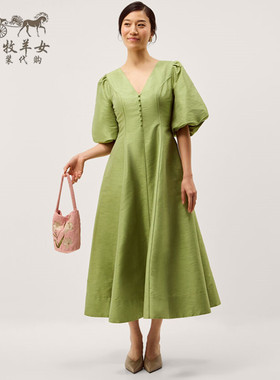 英国Monsoon代购 女装26春新款 绿色收腰短袖A字裙中长裙连衣裙子