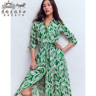 英国Boden代购 女装26春新款 绿色印花长袖中长裙衬衫裙连衣裙子