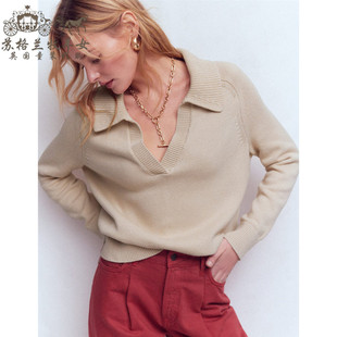 英国Boden代购 女装26春新款 英伦粉色长袖翻领V领套头毛衣针织衫