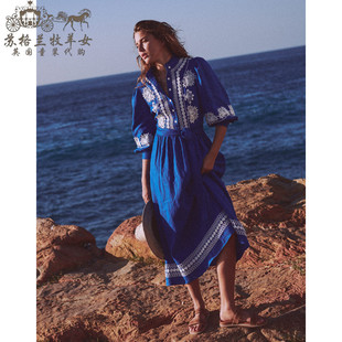 英国Boden代购 女装26春新款 蓝色绣花长袖亚麻裙中长裙连衣裙子