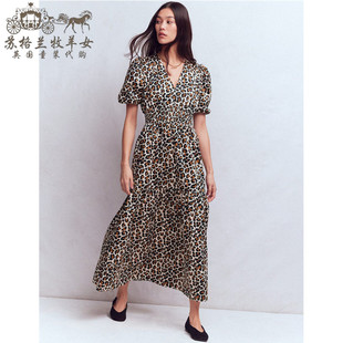 英国Boden代购 女装26春新款 豹纹印花纯棉短袖A字中长裙连衣裙子