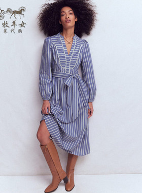 英国Boden代购 女装26春夏新款 蓝色条纹V领长袖中长裙连衣裙子