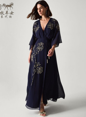 英国Monsoon代购 女装26春新款 亮片串珠短袖礼服中长裙连衣裙子