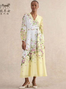 英国Hobbs代购 女装26春夏新款 黄色碎花V领短袖中长裙连衣裙子