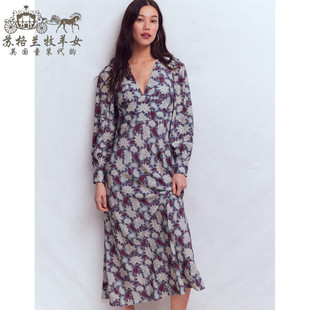 英国Boden代购 女装26春新款 复古印花长袖V领收腰中长裙连衣裙子