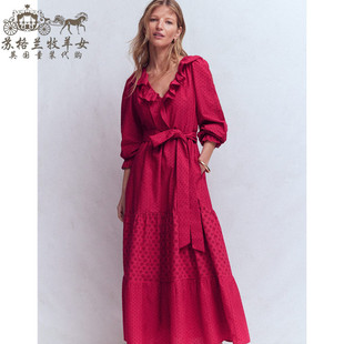 英国Boden代购 女装26春夏新款 红色荷叶边V领长袖中长裙连衣裙子