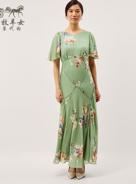 英国Monsoon代购 女装26春新款 绿色印花短袖收腰中长裙连衣裙子