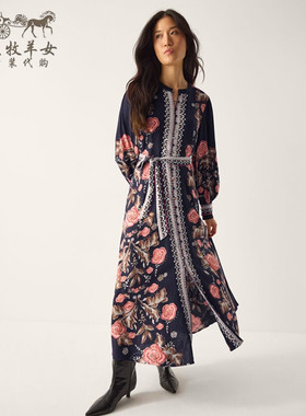 英国Monsoon代购 女装26春新款 蓝色印花长袖中长衬衫裙连衣裙子