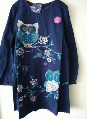 现货英国Monsoon童装女童 重工猫头鹰手工串珠刺绣长袖连衣裙裙子