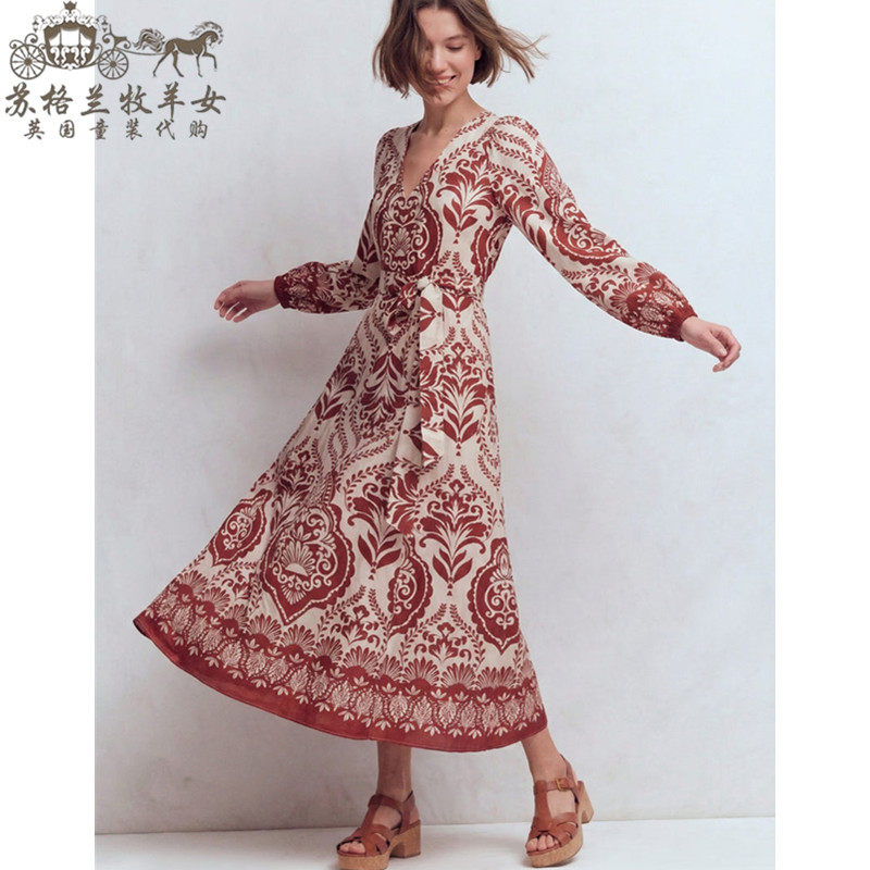 英国Boden代购 女装26春夏新款 复古印花长袖V领中长裙连衣裙子