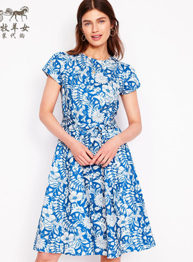 英国Boden代购 女装26春新款 蓝色碎花纯棉短袖收腰中长裙连衣裙