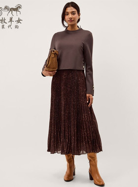 英国Monsoon代购 女装26春新款 英伦豹纹长袖百褶中长裙连衣裙子