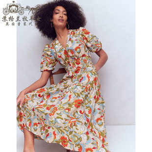 英国Boden代购 女装26春新款 英伦印花纯棉短袖A字中长裙连衣裙子