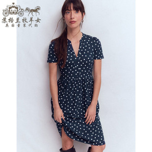 英国Boden代购 女装26春新款 蓝色波点短袖V领A字裙休闲连衣裙子